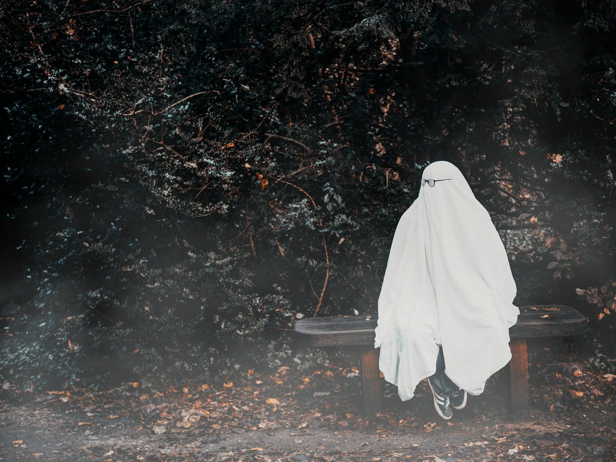 A person wearing a ghost costume (a white sheet over their whole body) with their glasses sitting on their face on top of the sheet. They are sitting on a park bench in front of some bushes.